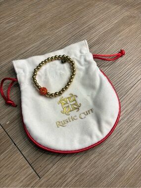 Authentic Rustic Cuff Ireland Gold Beaded Elastic Bracelet with Pouch